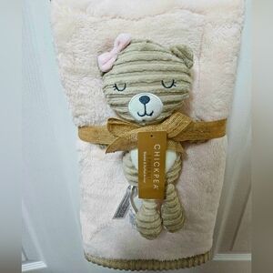 Chick Pea pink Baby Blanket Set Teddy Bear Toy Beige Ribbed Trim Sherpa NWT